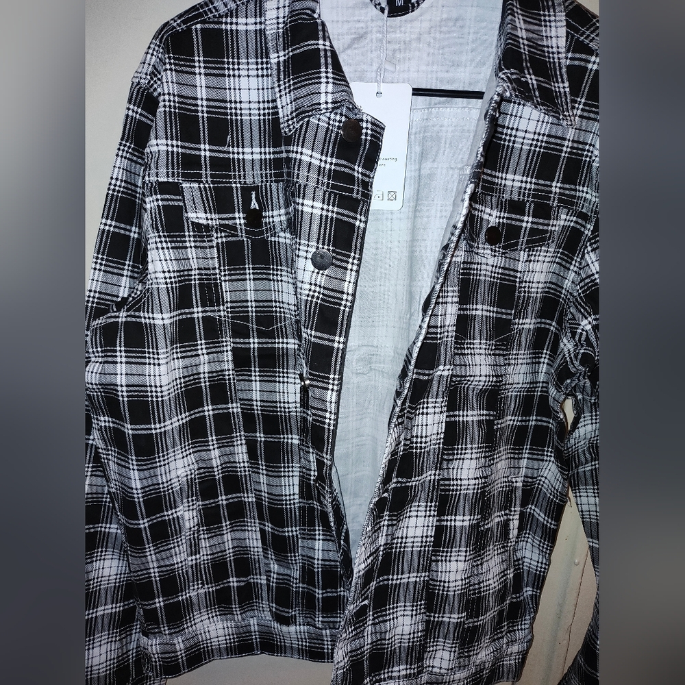 Black and White Plaid Men's Jeans Jacket - Picture 5 of 5
